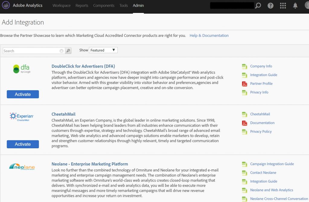 Adobe Analytics Data Connectors Interface